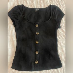 Rue 21, Size Small, Fitted black shirt, Brown and black button for design
